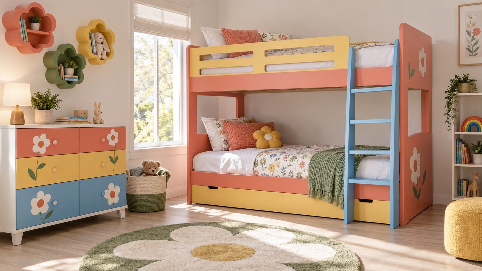 Litera y cómoda con motivos florales en una recámara infantil